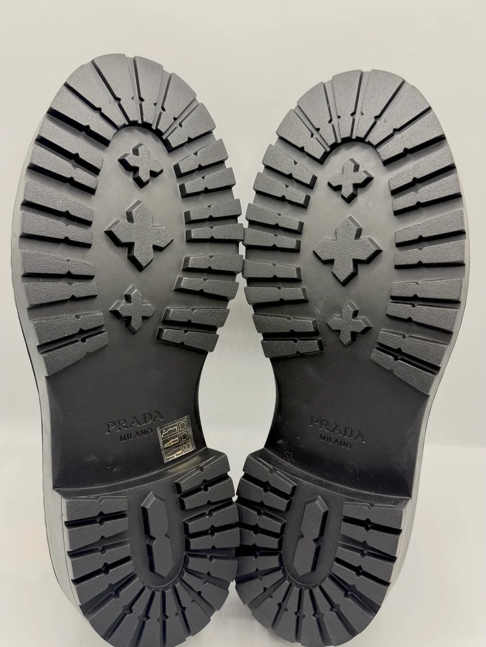 NIB Prada Triangle Logo Black Leather Double Chocolate Rubber Lug Sole Loafers